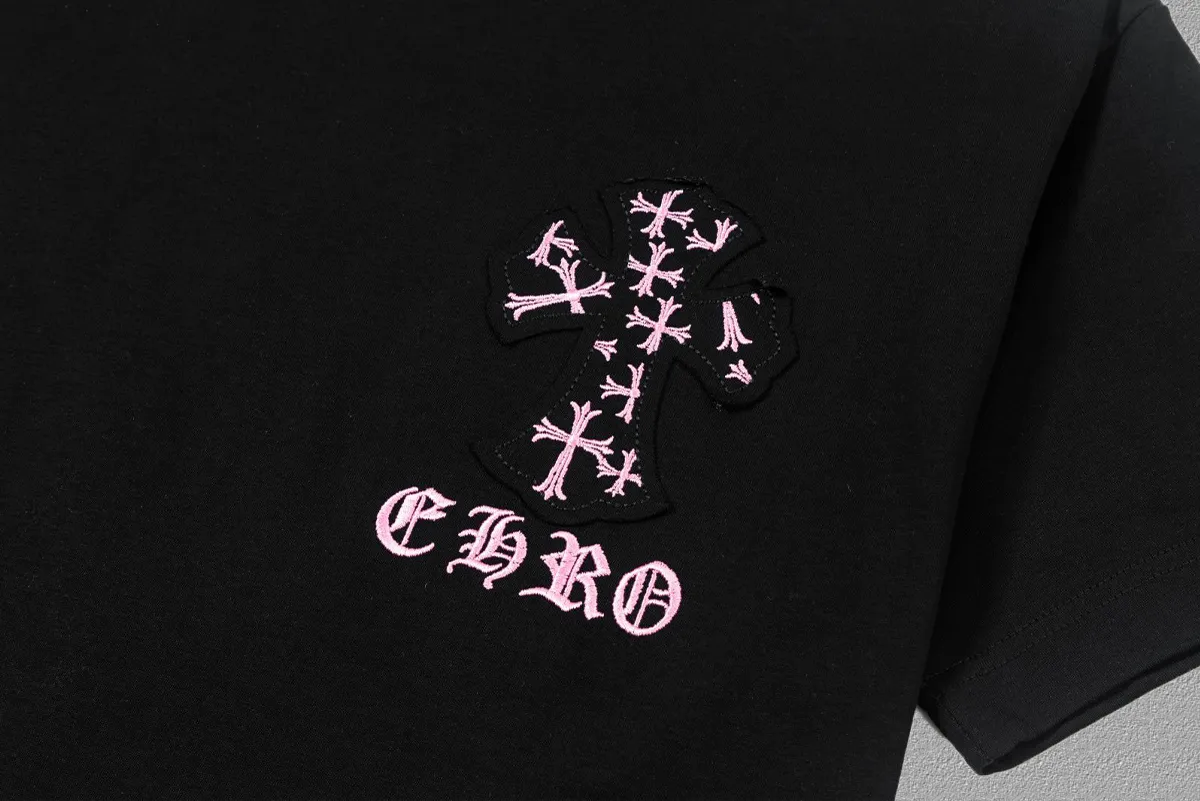 🅿️200 [CH Crow Heart] 2025FW short-sleeved T-shirt, patch embroidery, high-end 26s double yarn 300g fabric, heavy fabric, custom stretcher rib, same cylinder and dye, complete three standards, same style for men and women, color: black, white, size: S M L XL 2XL